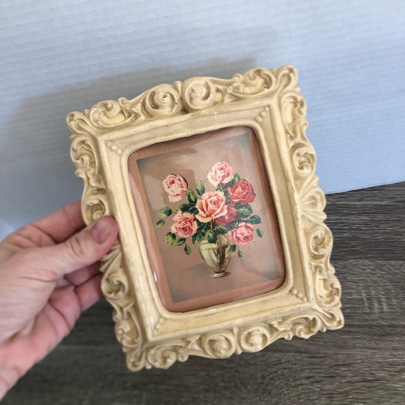 Vtg Chalkware Framed Floral Art - Picture 3 of 11